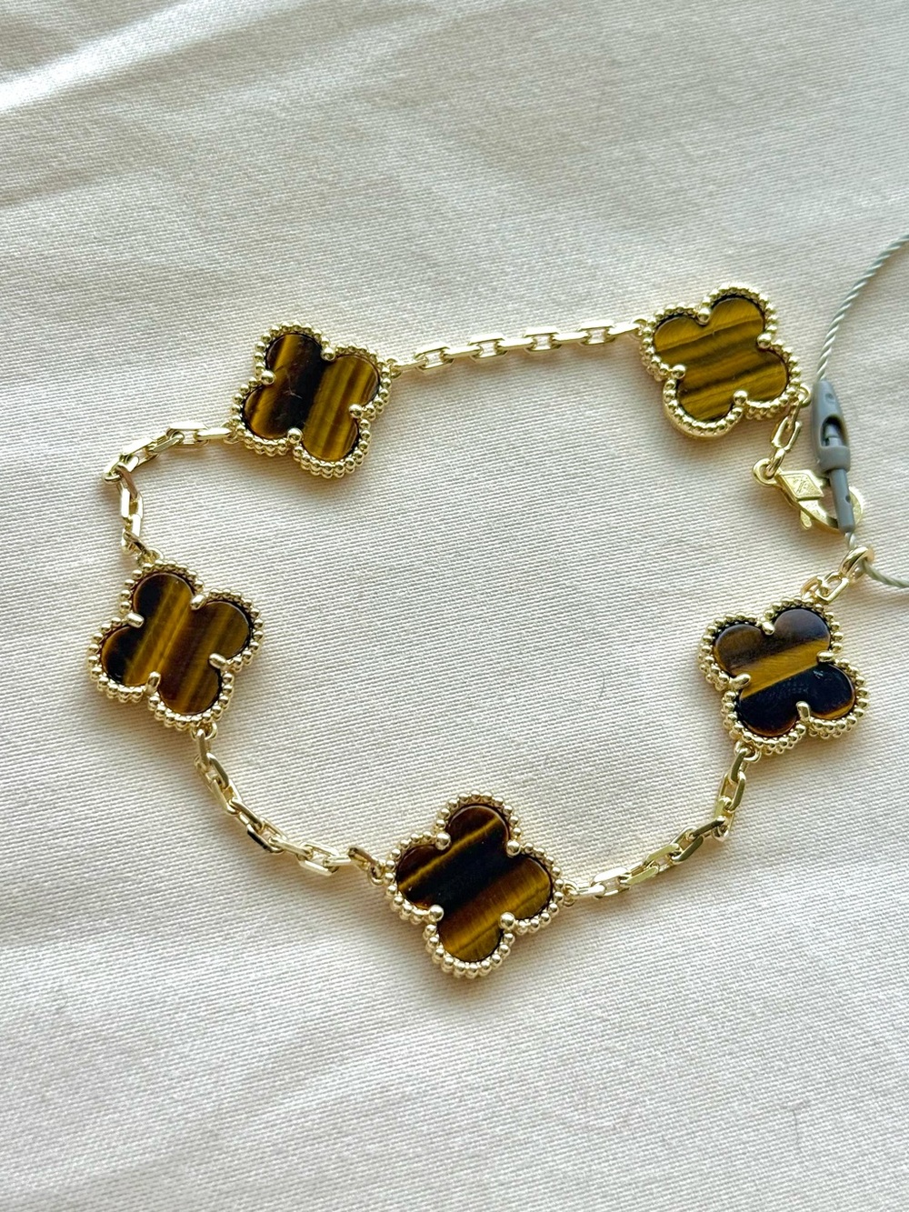 Gold-Tone Genuine Tiger Eye Clover Bracelet | Natural Stone